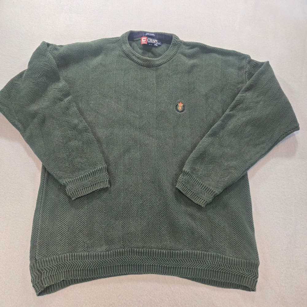 Chaps Ralph Lauren Sweater Mens XL Green Herringbone Cotton Knit Crewneck Logo